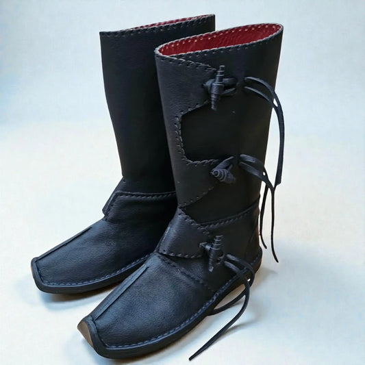 Handmade Black Medieval Leather Boots showcasing elegant design and intricate stitching details.