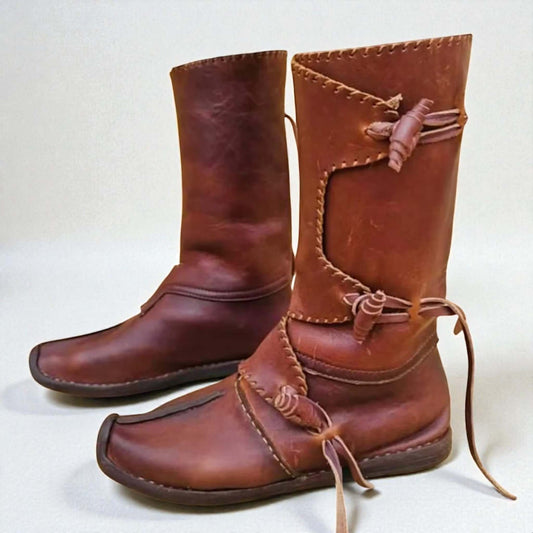 Handmade Medieval Leather Boots displayed in brown leather with unique lacing design.